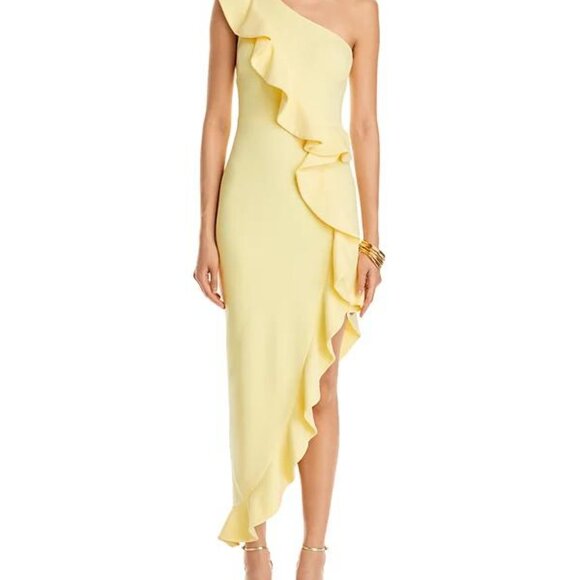 AQUA One-Shoulder Yellow Scuba Crepe Ruffle Maxi Dress NWT Size 2 - Picture 6 of 7